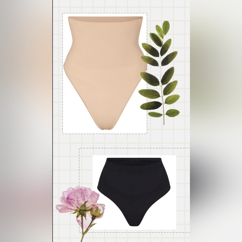 SKIMS sculpting mid waist thong in onyx and sculpting high waist thong in mica